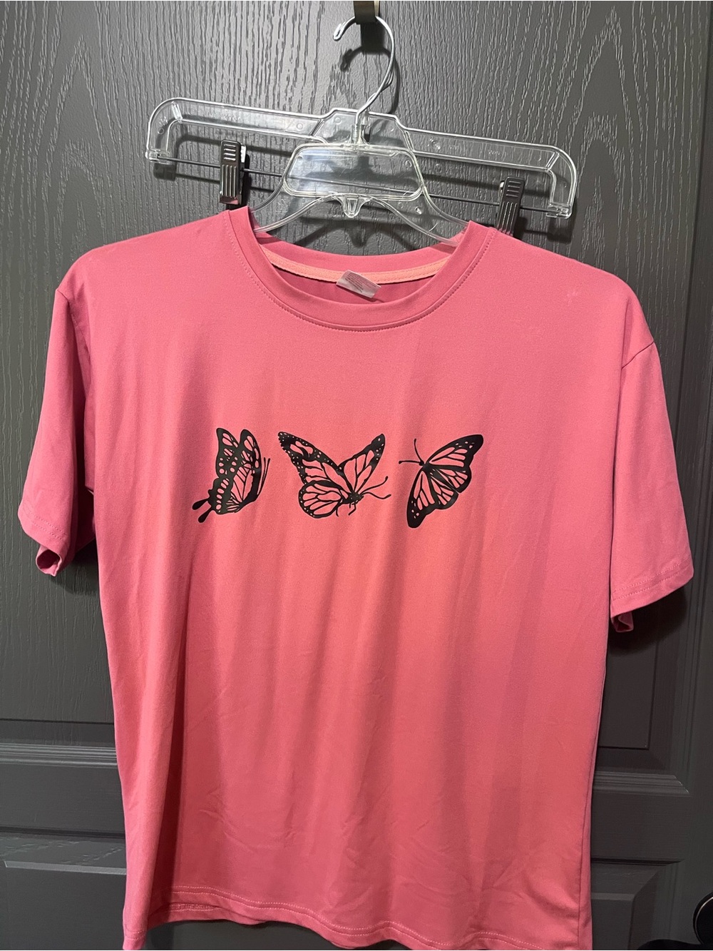 SHEIN Pink Short Sleeve Tee with Black Butterfly Print